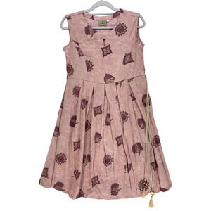 LA FILLE Dusty Rose Sleeveless Pleated Tassel Dress Size Large Boho Block Print